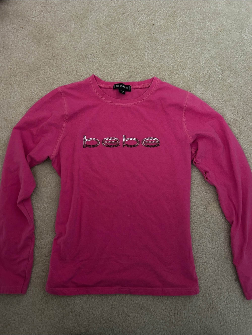 bebe Rhinestone Logo Crewneck Long Sleeve in Hot Pink